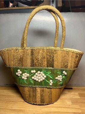 Handwoven Straw Tote with Green Floral Trim